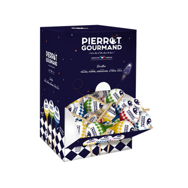 BOITE DISTRIBUTRICE DE 150 SUCETTES BOULES (CITON, FRAISE, POMME, GRENADINE ET COLA)
